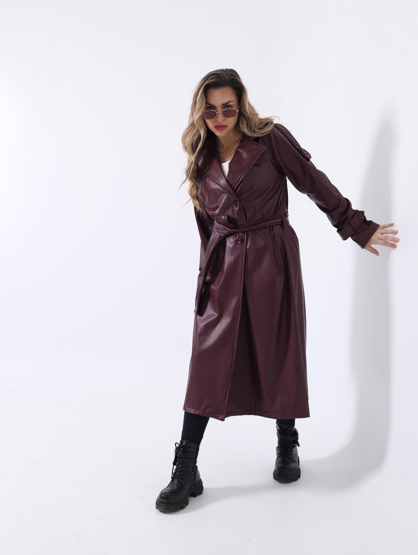 burgundy leather trench coat