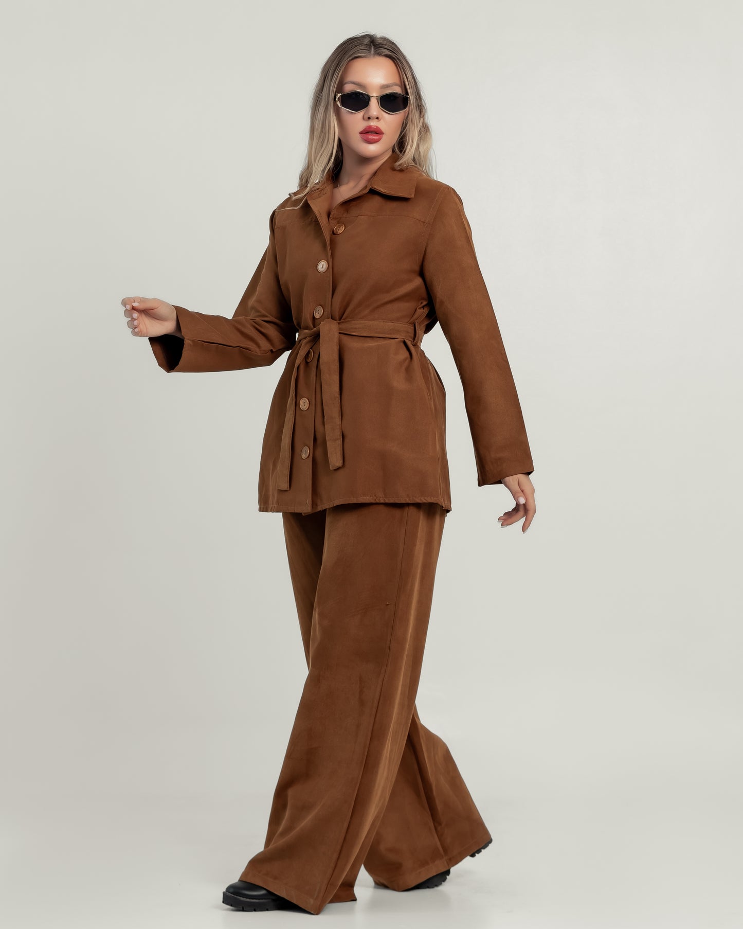 Queiora's Luxurious Suede-Touch Suit Set in Rich Tan