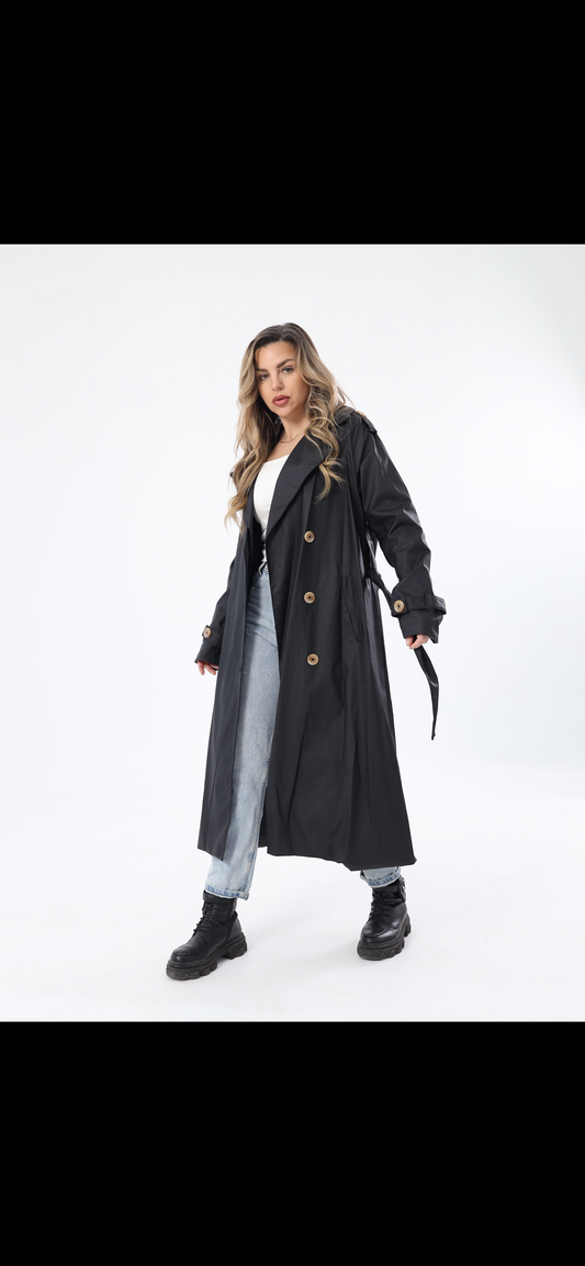 Black leather trench coat