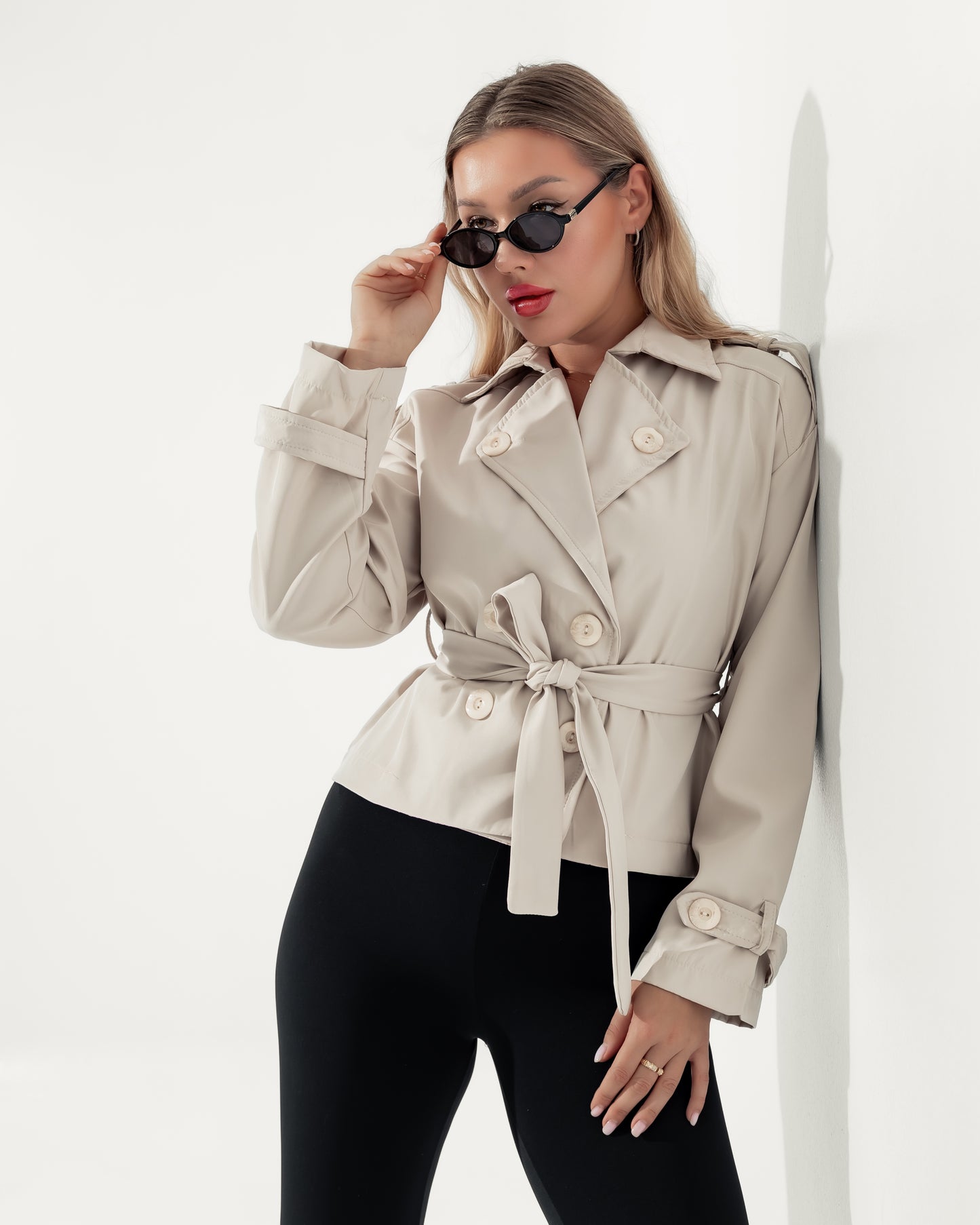 Queiora's Light Beige Short Trench Jacket