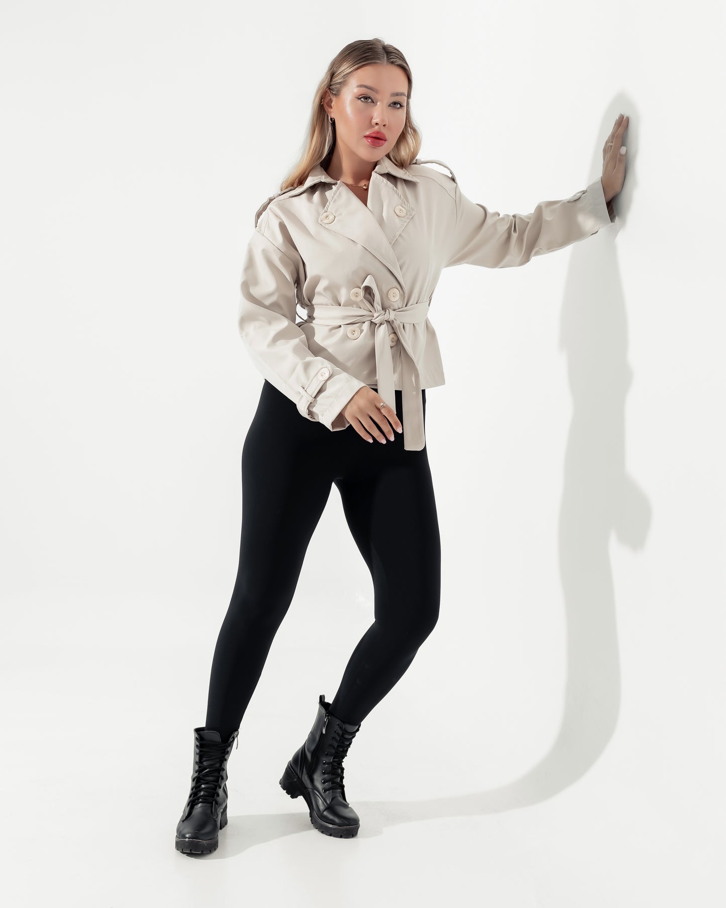 Queiora's Light Beige Short Trench Jacket