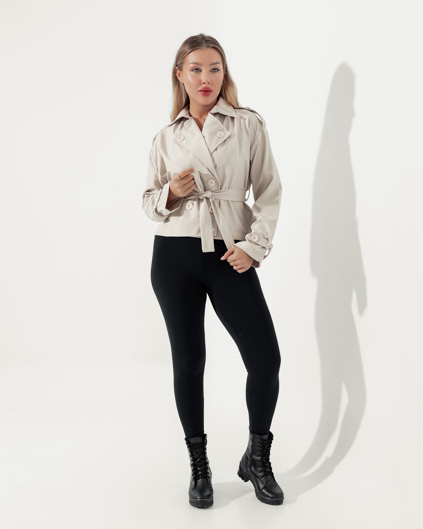 Queiora's Light Beige Short Trench Jacket