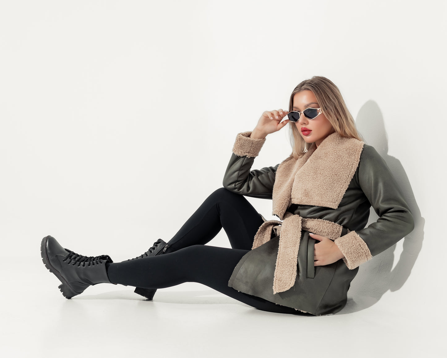 Olive Green Fur-Trimmed Wrap Jacket