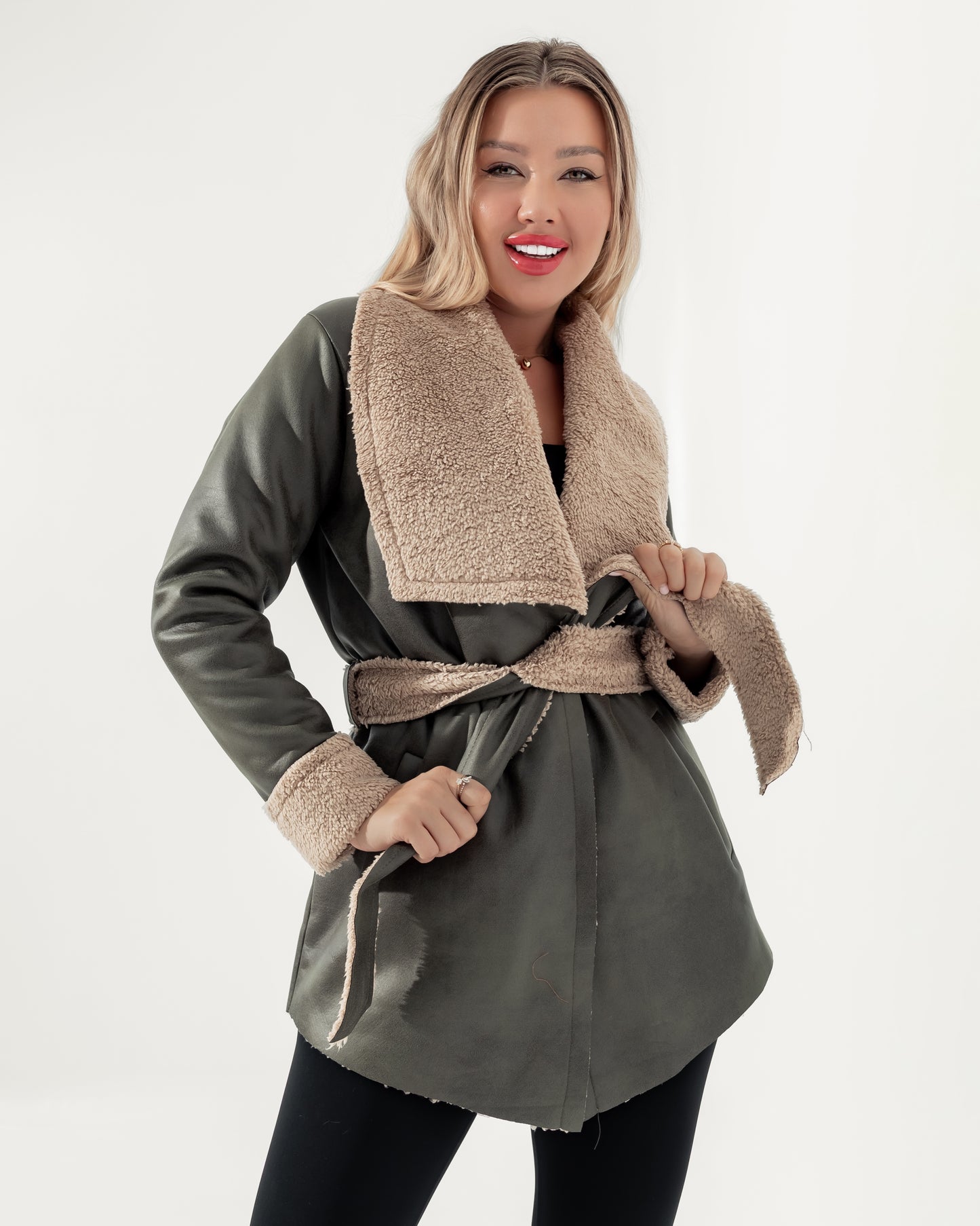 Olive Green Fur-Trimmed Wrap Jacket