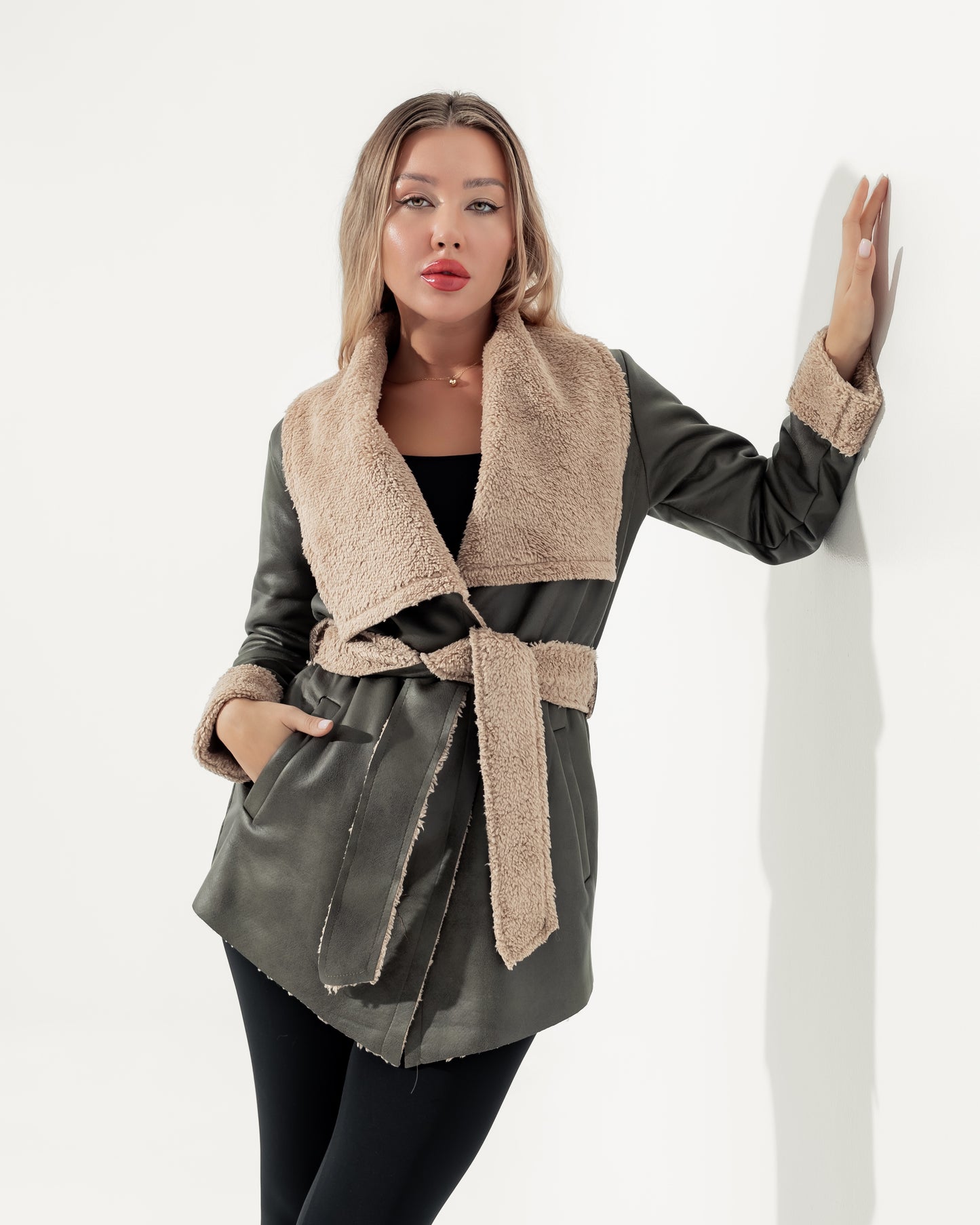 Olive Green Fur-Trimmed Wrap Jacket