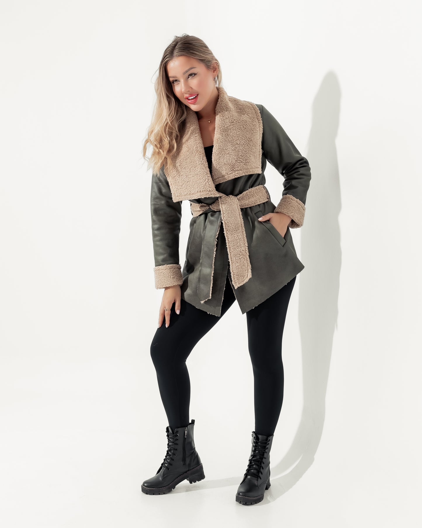 Olive Green Fur-Trimmed Wrap Jacket