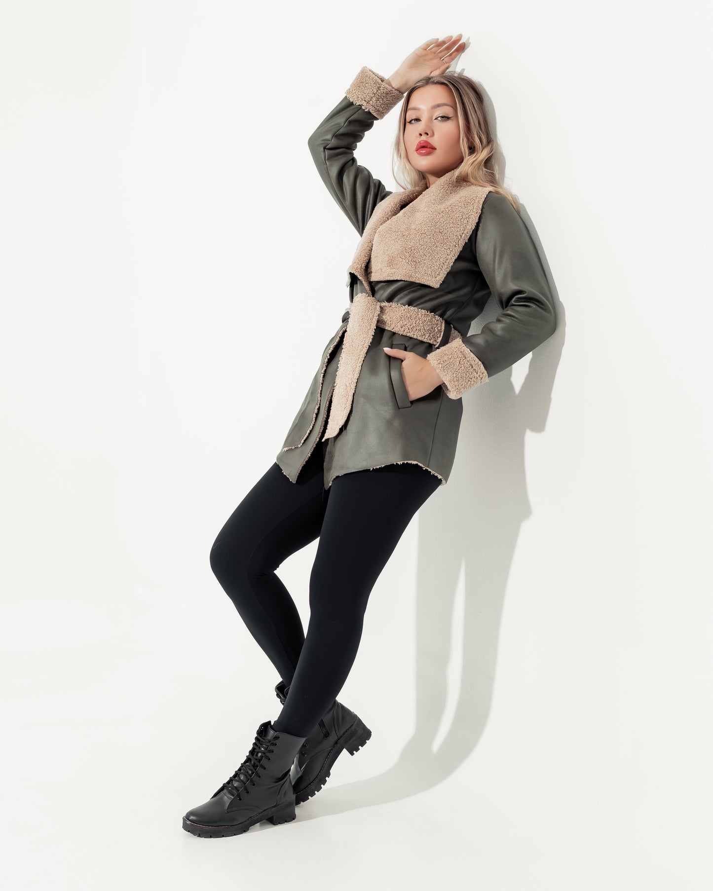 Olive Green Fur-Trimmed Wrap Jacket