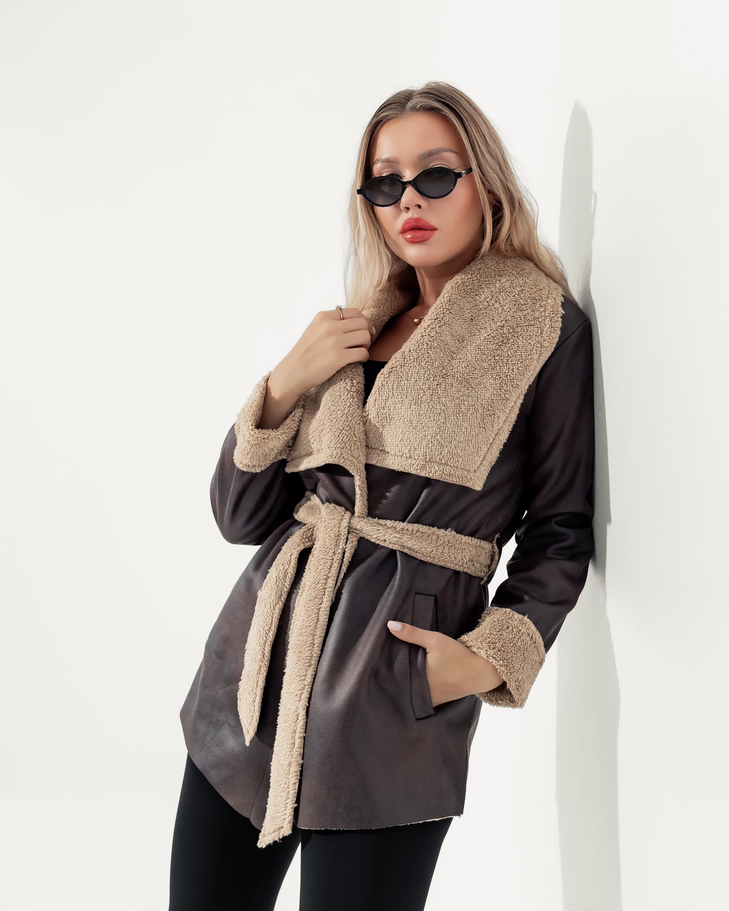 Dark Brown Fur-Trimmed Wrap Jacket