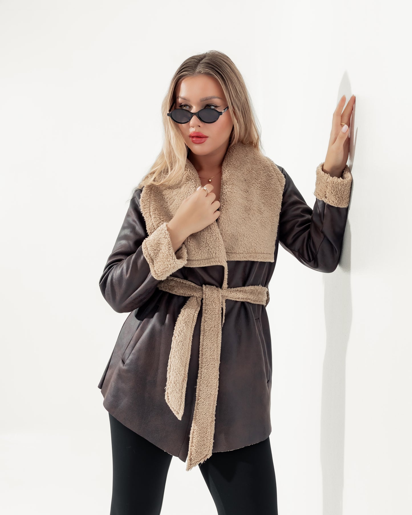 Dark Brown Fur-Trimmed Wrap Jacket