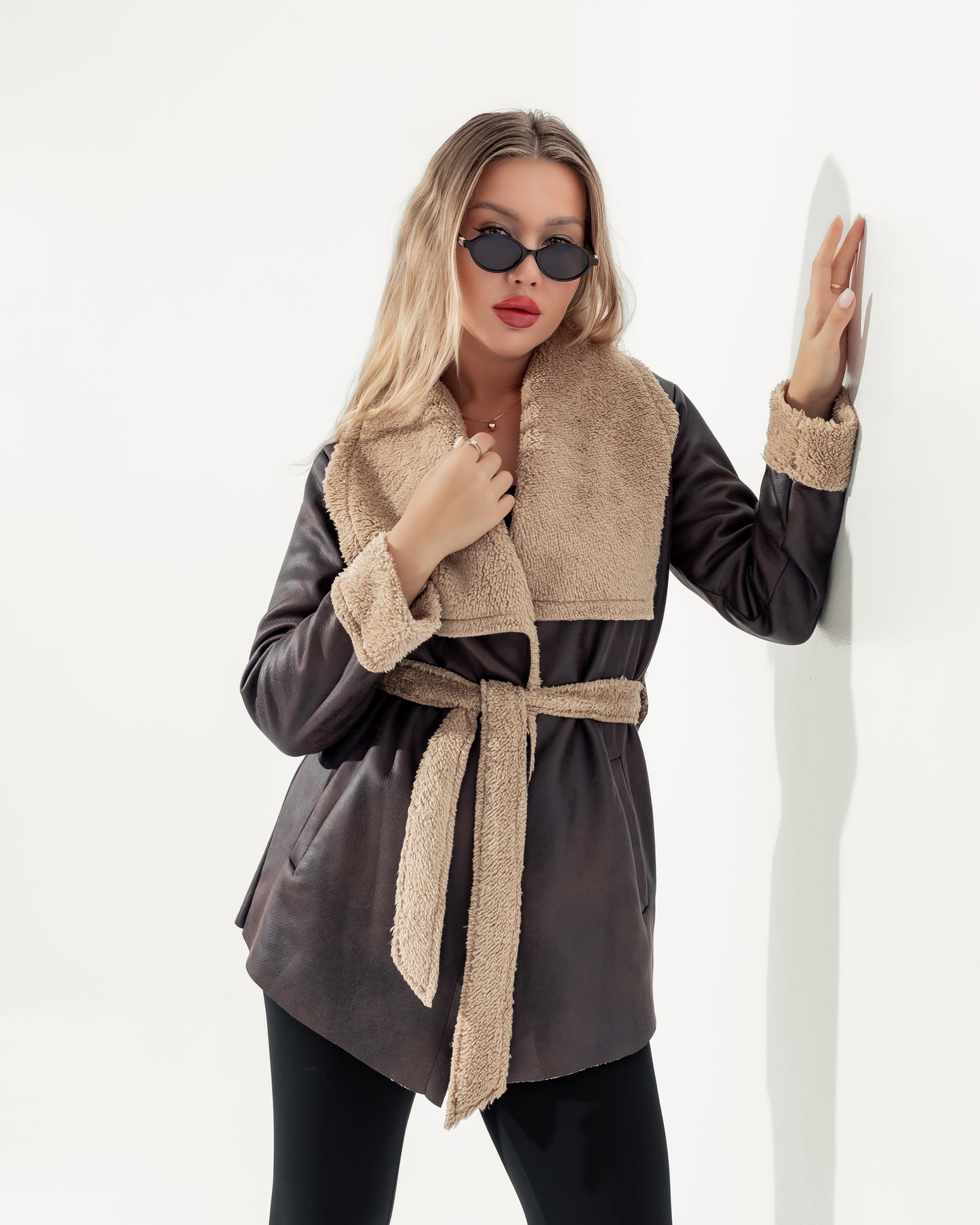 Dark Brown Fur-Trimmed Wrap Jacket