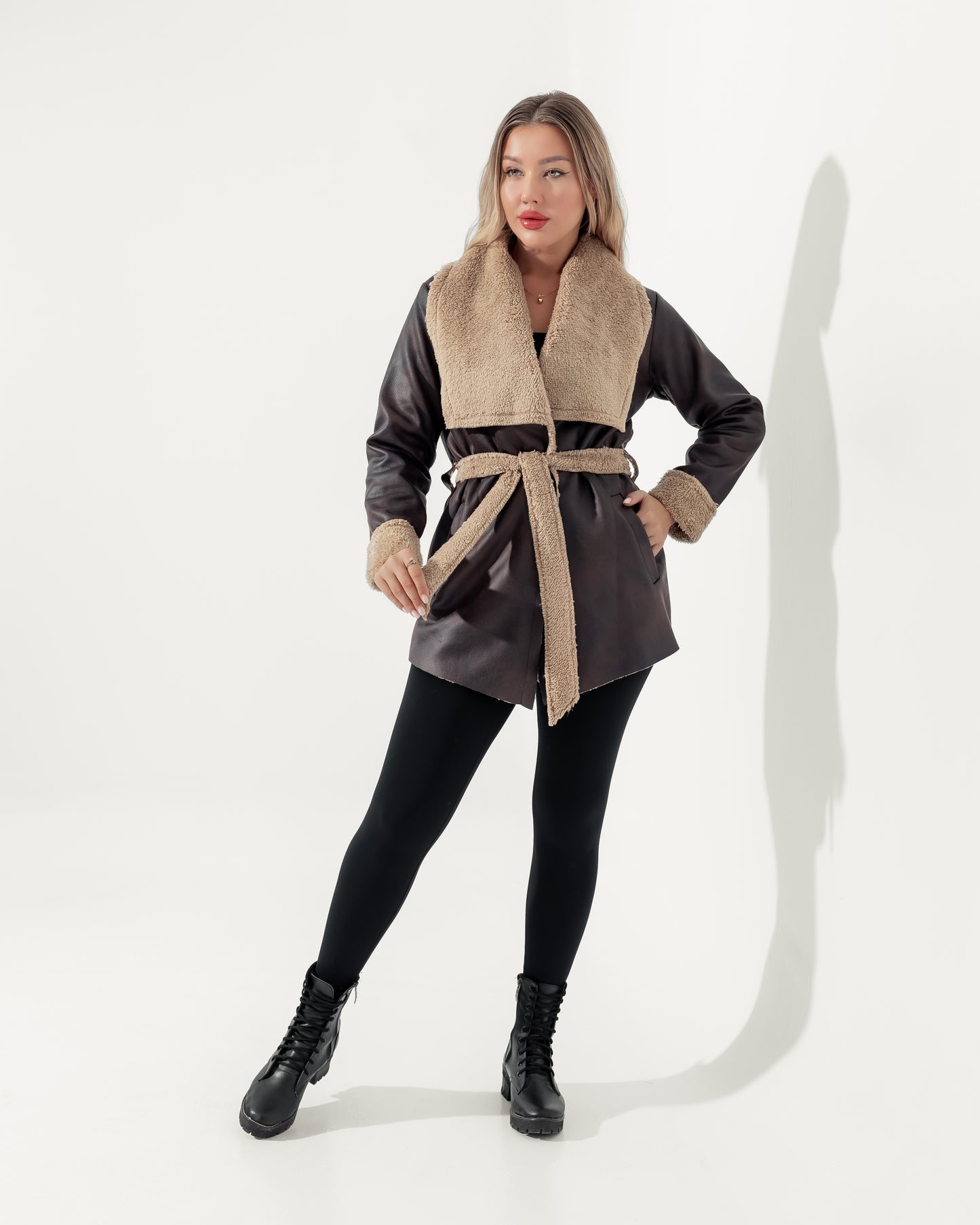 Dark Brown Fur-Trimmed Wrap Jacket