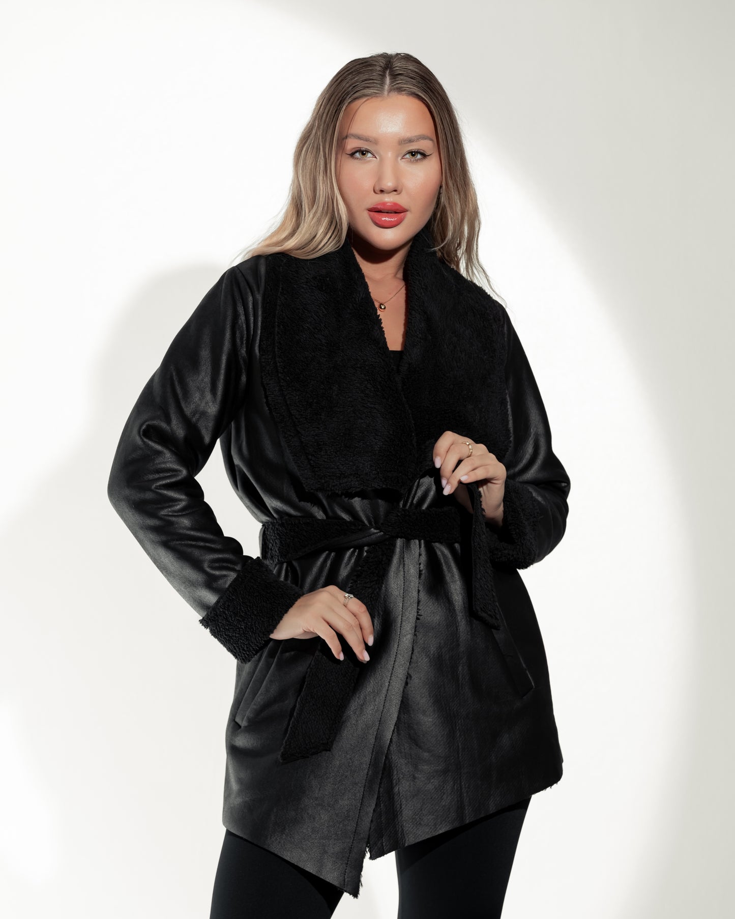 Black Fur-Trimmed Wrap Jacket