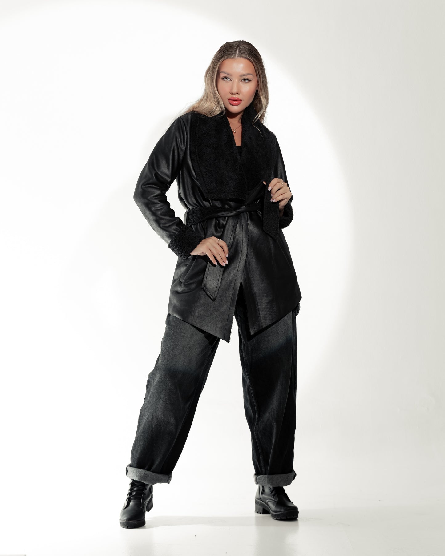 Black Fur-Trimmed Wrap Jacket