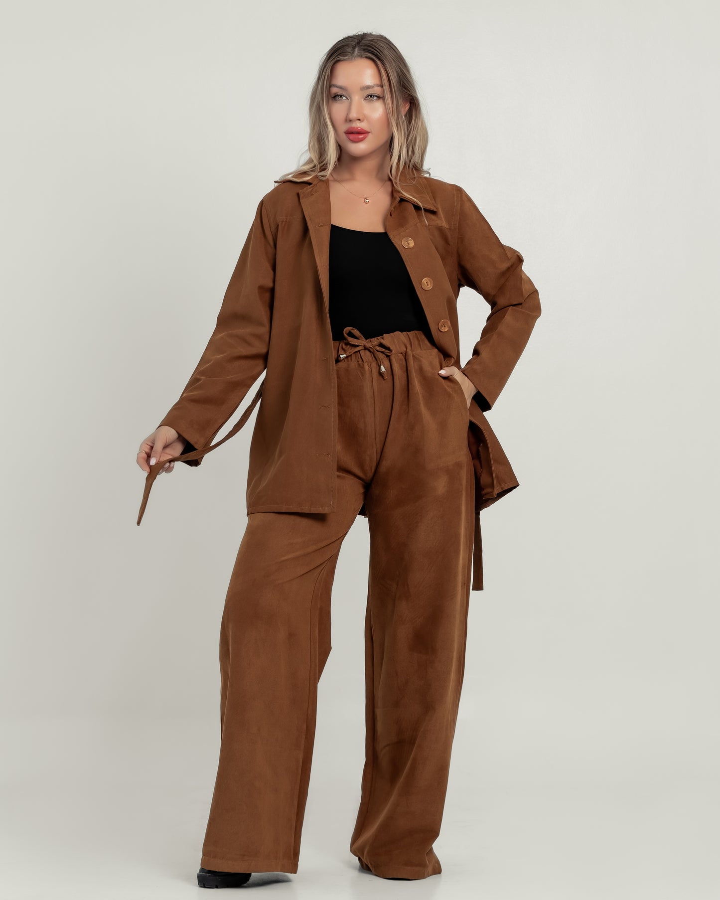 Queiora's Luxurious Suede-Touch Suit Set in Rich Tan