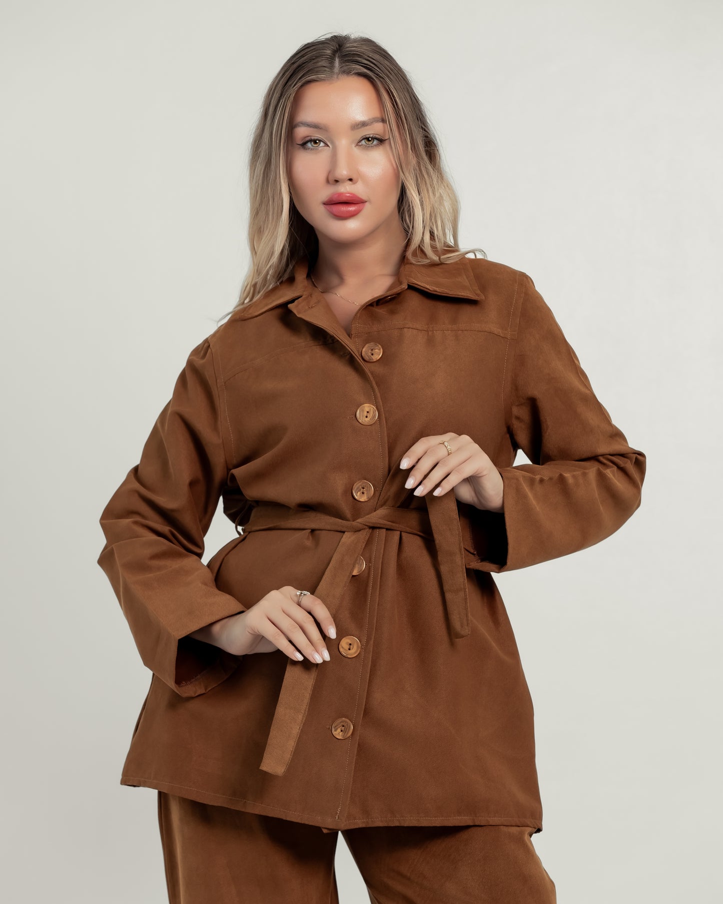 Queiora's Luxurious Suede-Touch Suit Set in Rich Tan