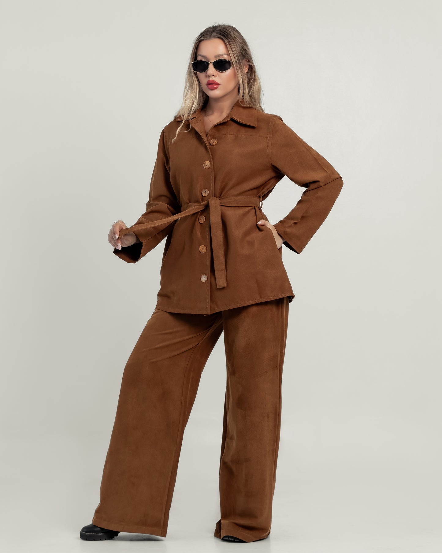 Queiora's Luxurious Suede-Touch Suit Set in Rich Tan